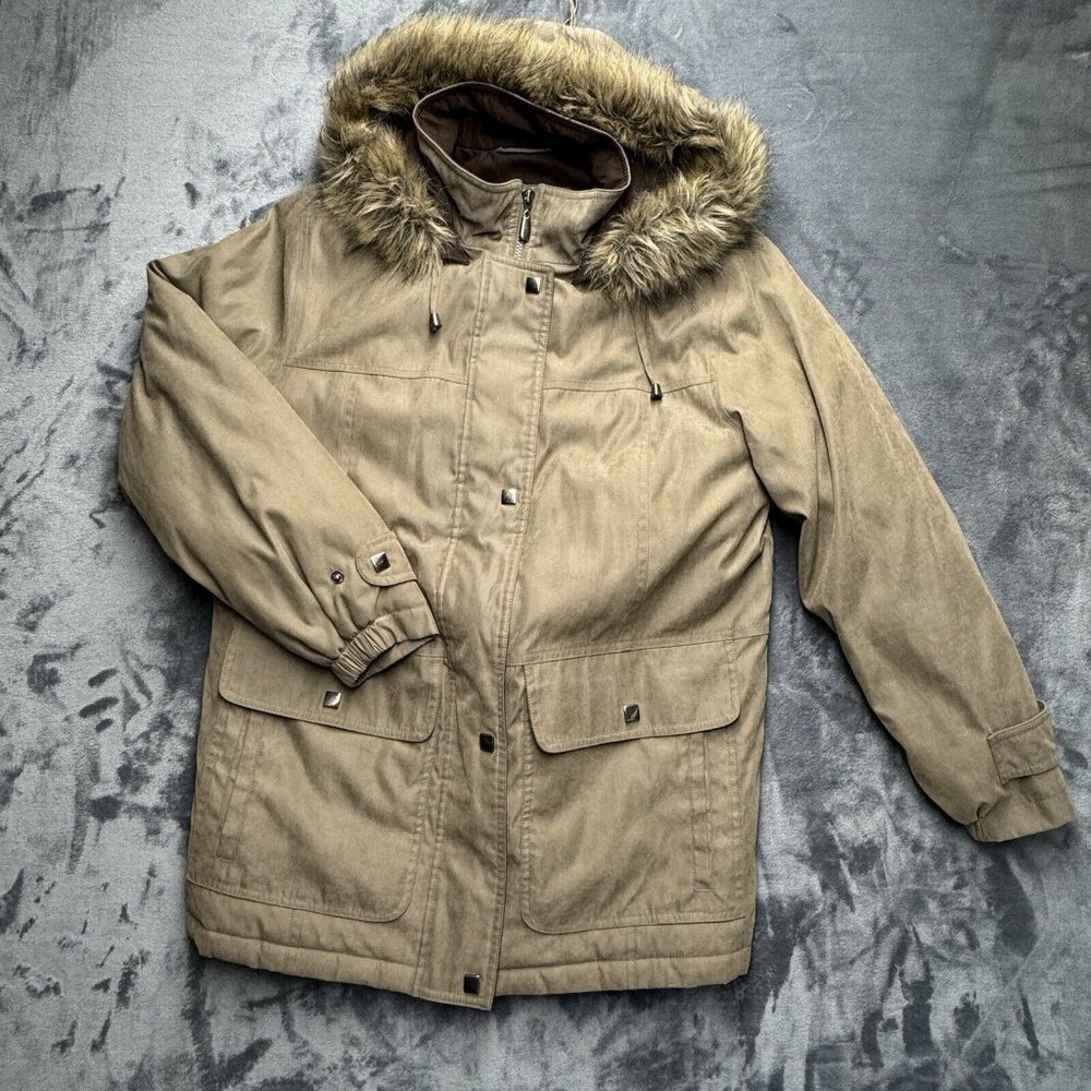 NorthCrest Women's‎ Parka Coat Medium Tan Faux Fur Hood Snap Button Winter